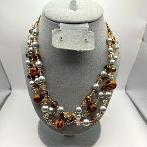 Silver Faux Pearl & Brown Leaf Filigree Painted Beaded Multilayered Necklace